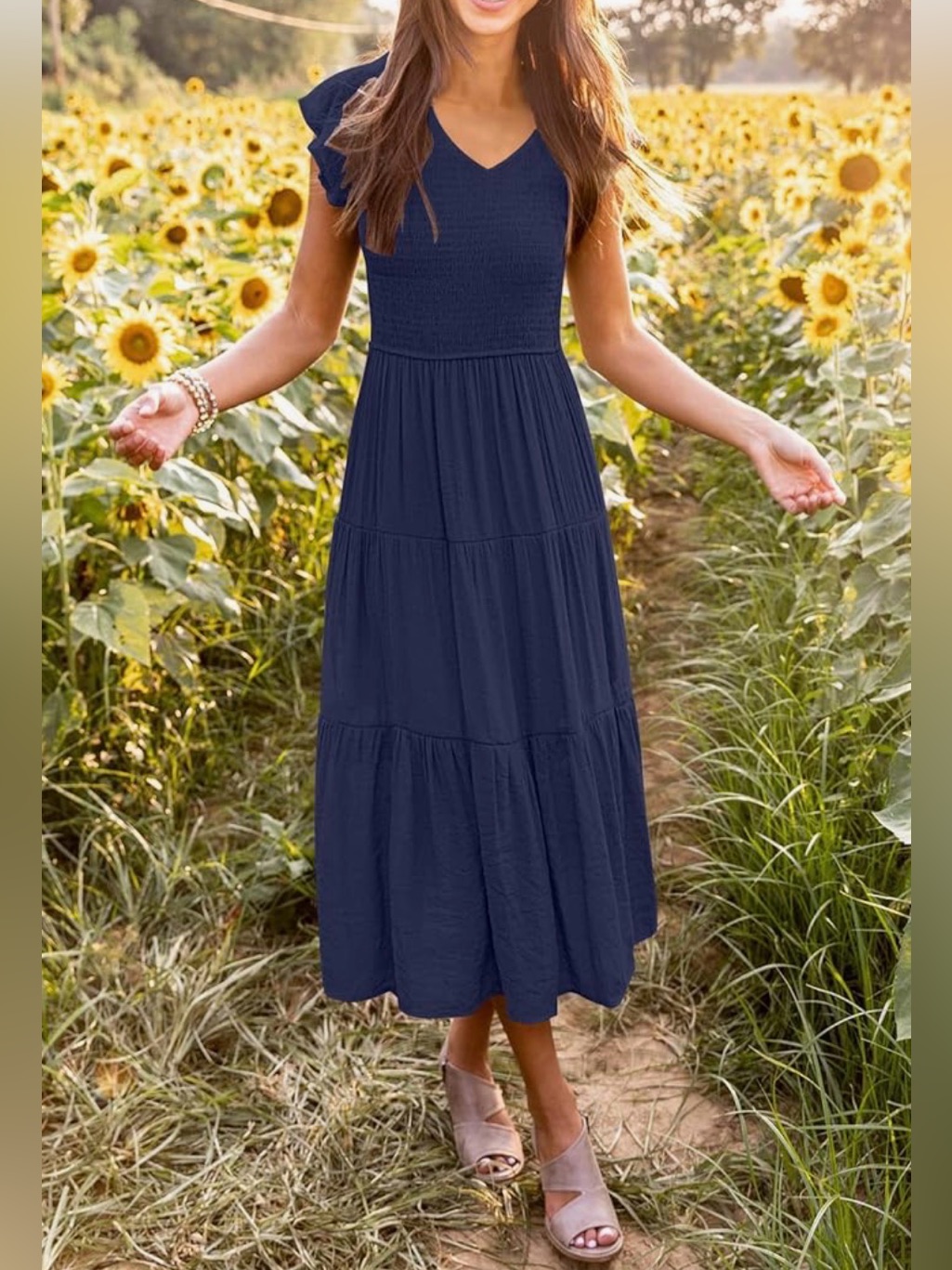 Merokeety Women's Summer 2026 Flutter Sleeve V Neck Smocked Midi Dress, Size L